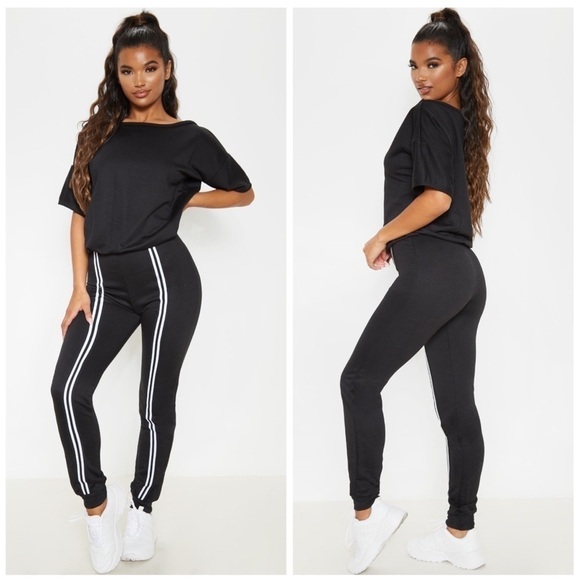 PRETTYLITTLETHING Black Loop Back Sports Striped Jumpsuit - Picture 1 of 3